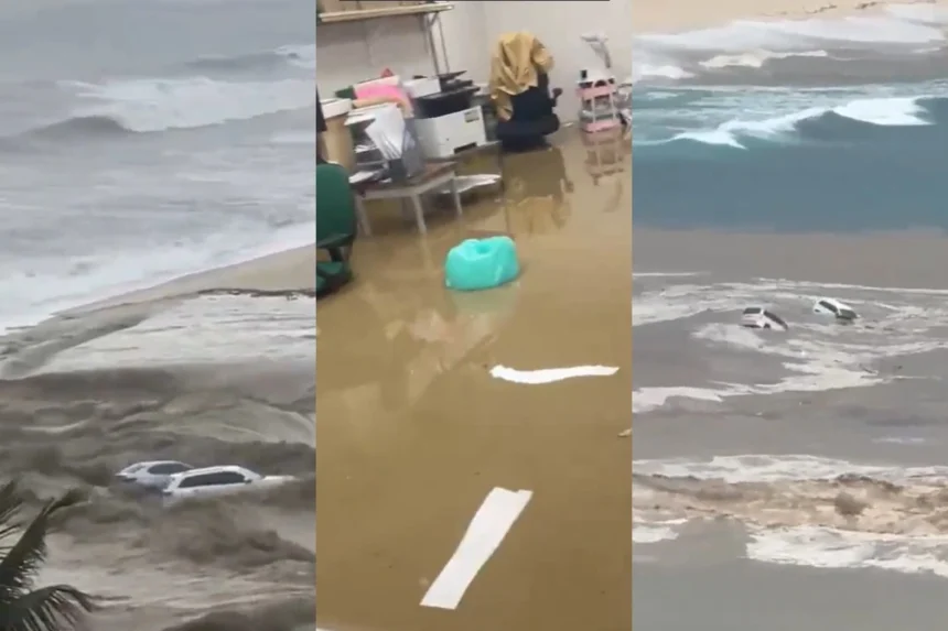 Lluvias arrastran vehículos hasta el mar en Baja California Sur
